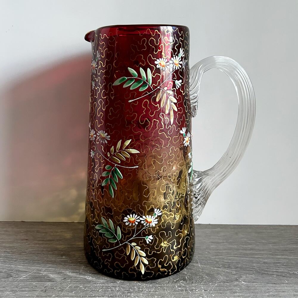 ANTIQUE Cranberry Amberina Thumbprint Floral ENAMEL MOSER BOHEMIAN PITCHER 8.75"